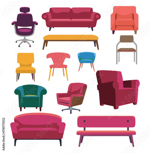 Modern Chairs and Sofas Collection, Stylish Living Room Furniture Illustrations.