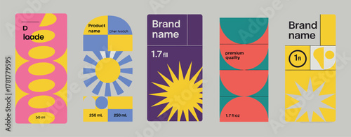 Modern Product Packaging  collection,  Vibrant set of five package designs featuring bold colors, geometric shapes, and creative branding for contemporary marketing and brand identity.