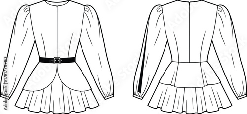 PrintFashion flat sketch of elegant long sleeve peplum blouse with belt, gathered shoulders, pleated hem, detailed front and back view, vector illustration