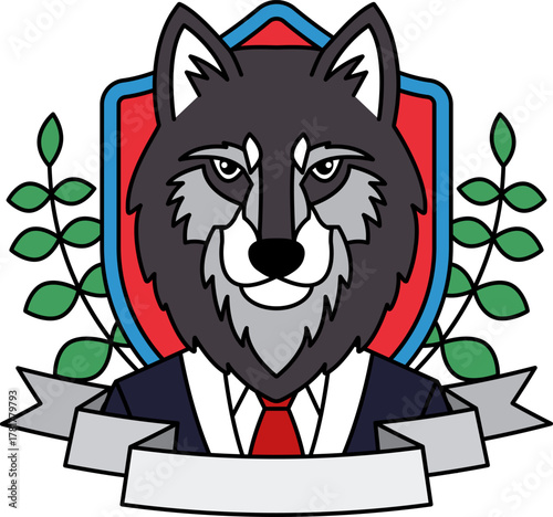 logotype of A cartoonish wolf wearing a suit and tie