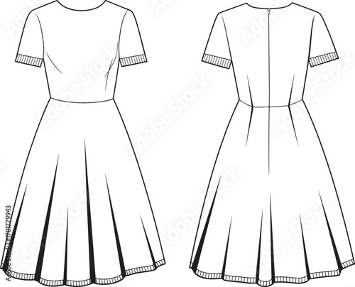 PrintFashion flat sketch of flared midi dress, elegant women clothing design, technical drawing, modern apparel template, stylish dress illustration, vector outline