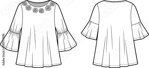 PrintFashion flat sketch of girls flared sleeve blouse, floral neckline top vector template, front and back technical drawing illustration