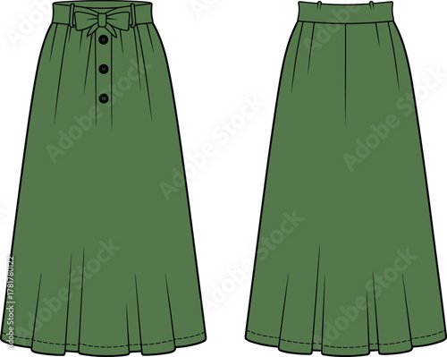 PrintFashion flat sketch of green women’s midi skirt, front and back view, high waist, bow belt, button down elegant design illustration
