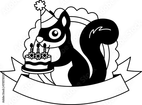 black and white logotype of A squirrel is holding a cake