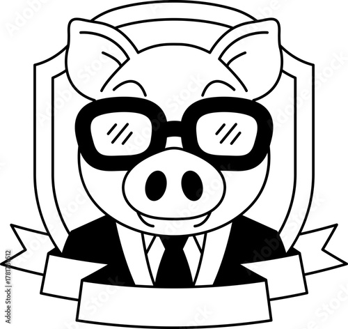 black and white logotype of A cartoon pig wearing glasses and a suit