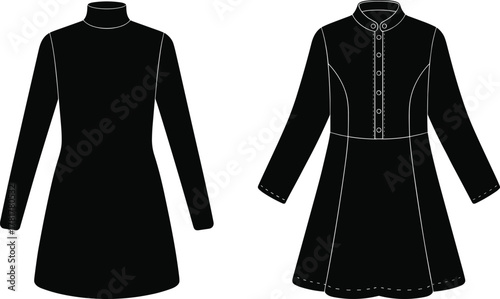 PrintFashion flat sketch of long sleeve women’s dress with high collar and button front design, vector clothing technical 
