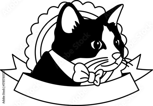 black and white logotype of A cat wearing a suit and tie with a bow tie