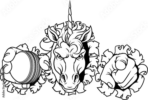 Unicorn horse stallion angry cricket sports team mascot holding a ball.