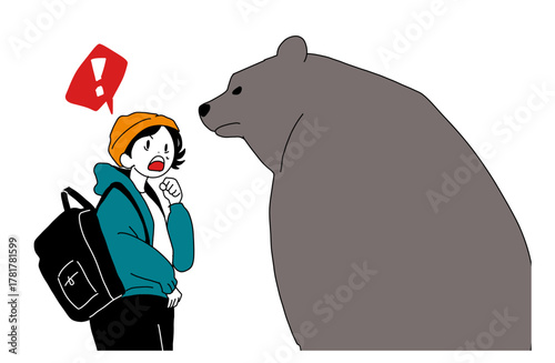 熊に遭遇して驚く女性登山者のイラスト（熊被害・山の危険）