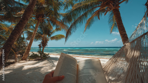 Serene person relaxing while reading book from hammock pov on tropical beach between palm tree with beautiful ocean during summer vacation