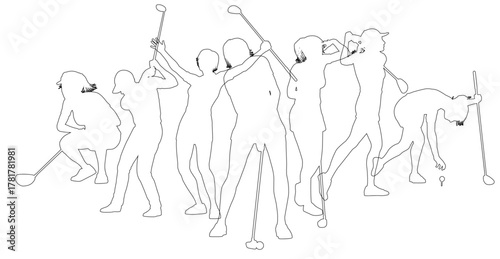 Silhouette golf player set. Active golfers golfing sports people healthy players fitness silhouettes concept.