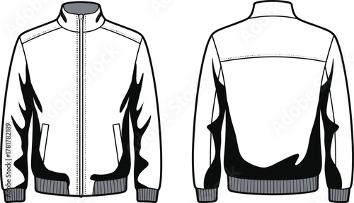 PrintFashion flat sketch of men’s bomber jacket with flame pattern front and back view, stylish outerwear design, vector fashion illustration