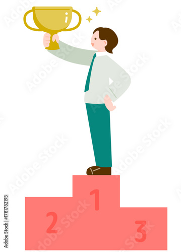 表彰台でトロフィーを掲げる男性