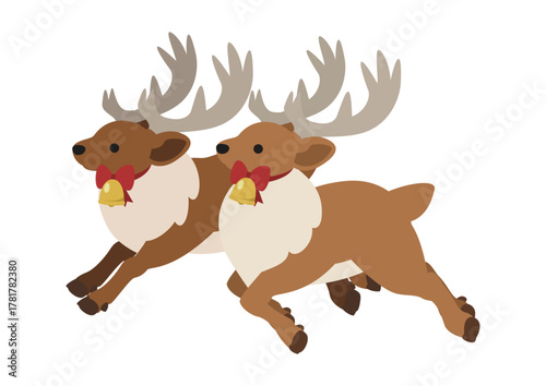 赤いリボンとベルをつけたトナカイのペア/冬のかわいい動物イラスト