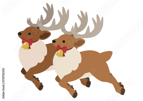 赤いリボンとベルをつけたトナカイのペア/冬のかわいい動物イラスト