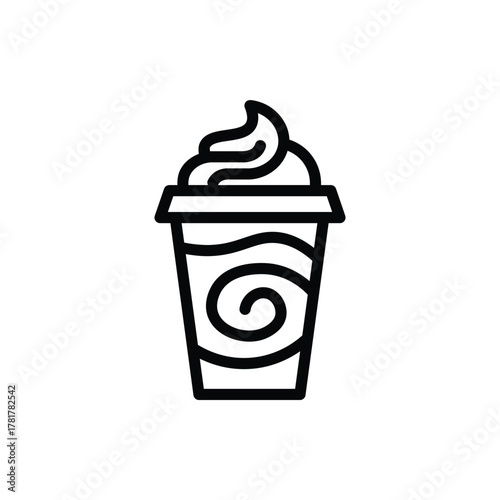 Iced coffee drink line icon, tall glass with straw and whipped cream topping, representing frappe, iced latte, or cold beverage, perfect for cafe and drink menu design
