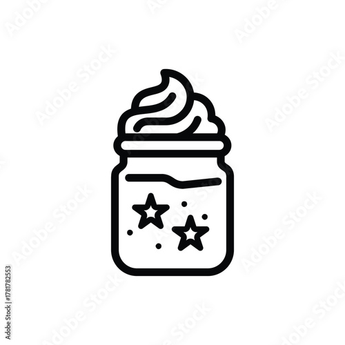 Cold drink jar line icon, mason jar glass with whipped cream and ice cubes, representing iced coffee, milkshake, or cold dessert beverage in cafe style