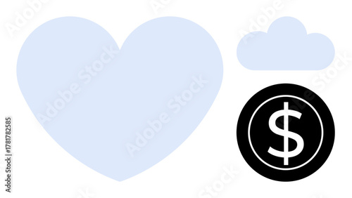 Large heart, small cloud, black coin with dollar sign symbolize love, aspirations, and financial goals. Ideal for finance, dreams, charity, relationships economy motivation simple flat metaphor
