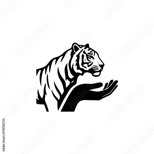 A powerful graphic depicting a human hand reaching out to protect a tiger. This bold, simple emblem represents our commitment to saving endangered species and supporting wildlife preservation efforts