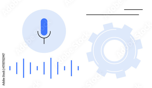 Microphone with sound waves, gear for configuration, and lines for technology integration. Ideal for AI, voice recognition, automation, settings, technology, innovation simple flat metaphor