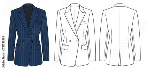Men’s formal blazer jacket CAD flat vector illustration featuring double-breasted pinstripe design, tailored business suit outerwear template for fashion design, garment pattern, and apparel presentat
