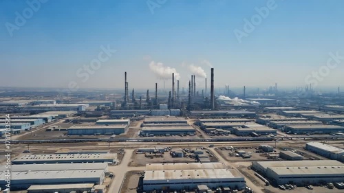 Aerial panoramic view of a massive oil and gas refinery complex with smoking chimneys and intricate industrial pipelines