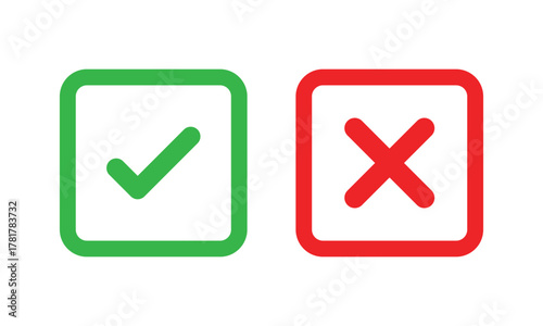Check mark icons. green check mark and red cross mark icon set. green tick and red x. Symbols of approval and Decline, vector illustration