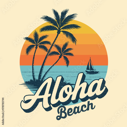 aloha beach summer slogan vector illustration for t-shirt. Hawaii Beach - Fresh design for summer feeling. Good for poster, wallpaper, t-shirt, gift. ummer vibes hand draw, summer beach slogan.