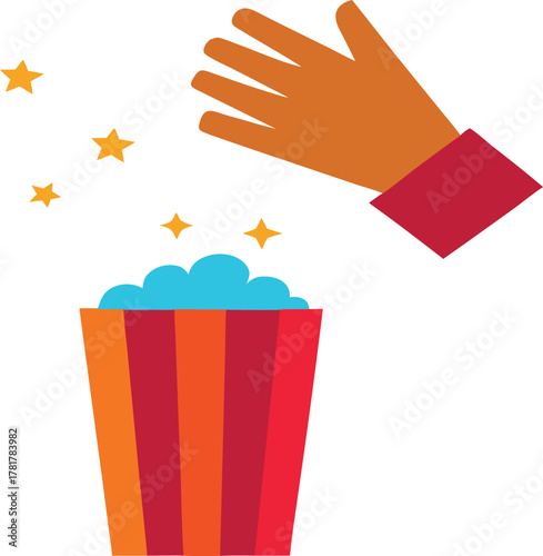 Magician s hand conjuring blue popcorn from a striped bucket with stars
