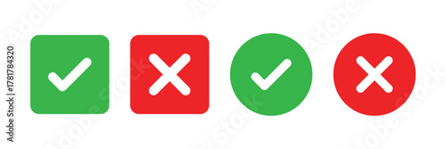 check mark icon button set. check box icon with right and wrong buttons and yes or no checkmark icons in green tick box and red cross