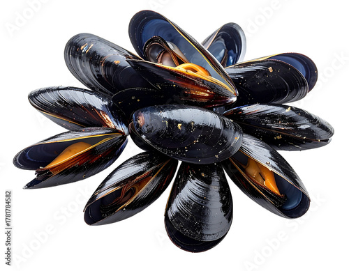  fresh raw mussels with glossy dark shells isolated