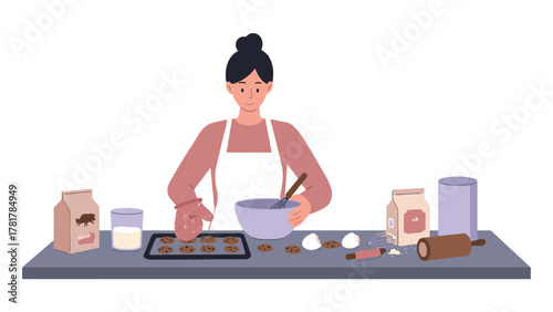 Woman baking cookies in the kitchen mixing ingredients in a bowl.