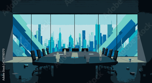 A sleek, contemporary conference room with a polished table and chairs offers a panoramic view of a vibrant, geometric blue cityscape, perfect for corporate strategy.