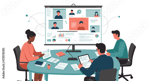 A diverse team collaborates in a modern hybrid meeting, utilizing video conferencing technology for seamless communication and efficient remote work strategies.