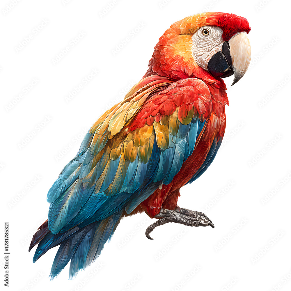 Fototapeta premium Scarlet Macaw Parrot on Black Background Keywords: parrot, macaw, scarlet macaw, bird, animal