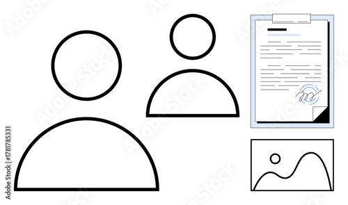 Two user icons alongside a signed document and a minimalist image suggest collaboration, agreement, and shared creativity. Ideal for teamwork, contracts, partnerships, communication, graphic design