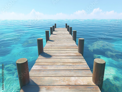 Wooden Pier on a Calm, Tranquil Sea with Clear Waters