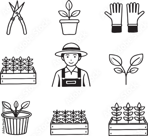 Gardening Tools and Gardener Icon Set