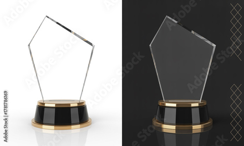 Clear faceted award crystal trophy with black and gold base glass
