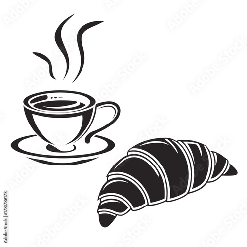 Stylized black and white illustration of a steaming cup of coffee and a croissant
