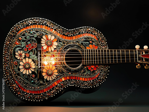 A Masterfully Designed Mariachi Guitar Glowing in Warm Light