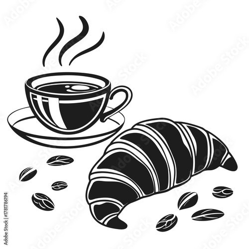 Stylized black and white illustration of a steaming cup of coffee next to a croissant and coffee beans