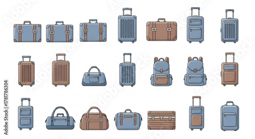 Illustration of various types of luggage including suitcases backpacks and duffel bags arranged neatly