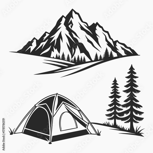 Stylized black and white illustration of a mountain range with pine trees and a camping tent