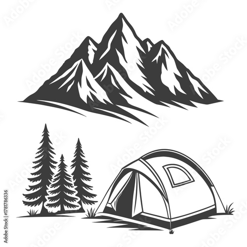 Stylized graphic illustration of a mountain range above a campsite with pine trees and a tent