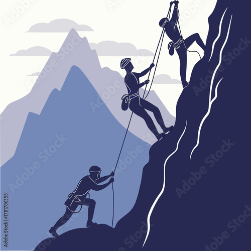Team of climbers ascending a steep mountain face with ropes and harnesses