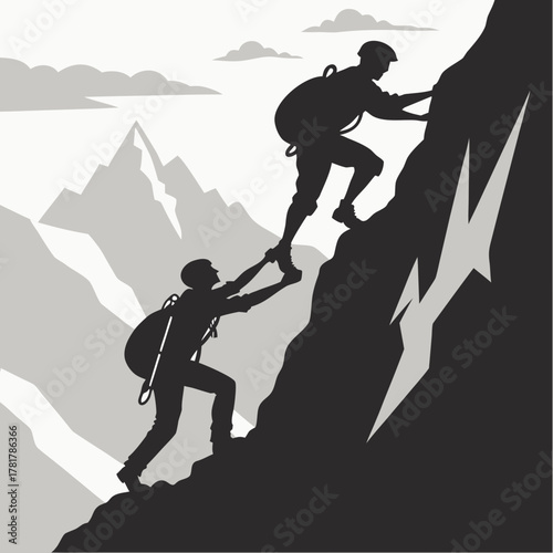 Silhouettes of two climbers helping each other ascend a steep mountain peak