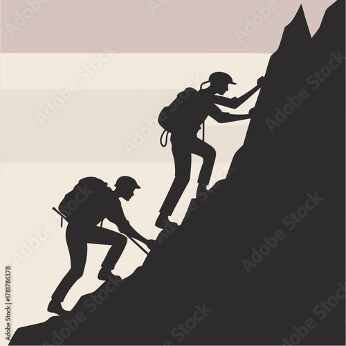 Two silhouette hikers climbing a steep mountain rock face with backpacks and helmets