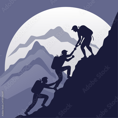 Teamwork and support as hikers climb a steep mountain silhouette against a large moon