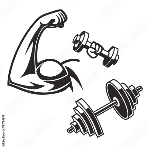 Strong bicep flexing with dumbbells for fitness and weightlifting
